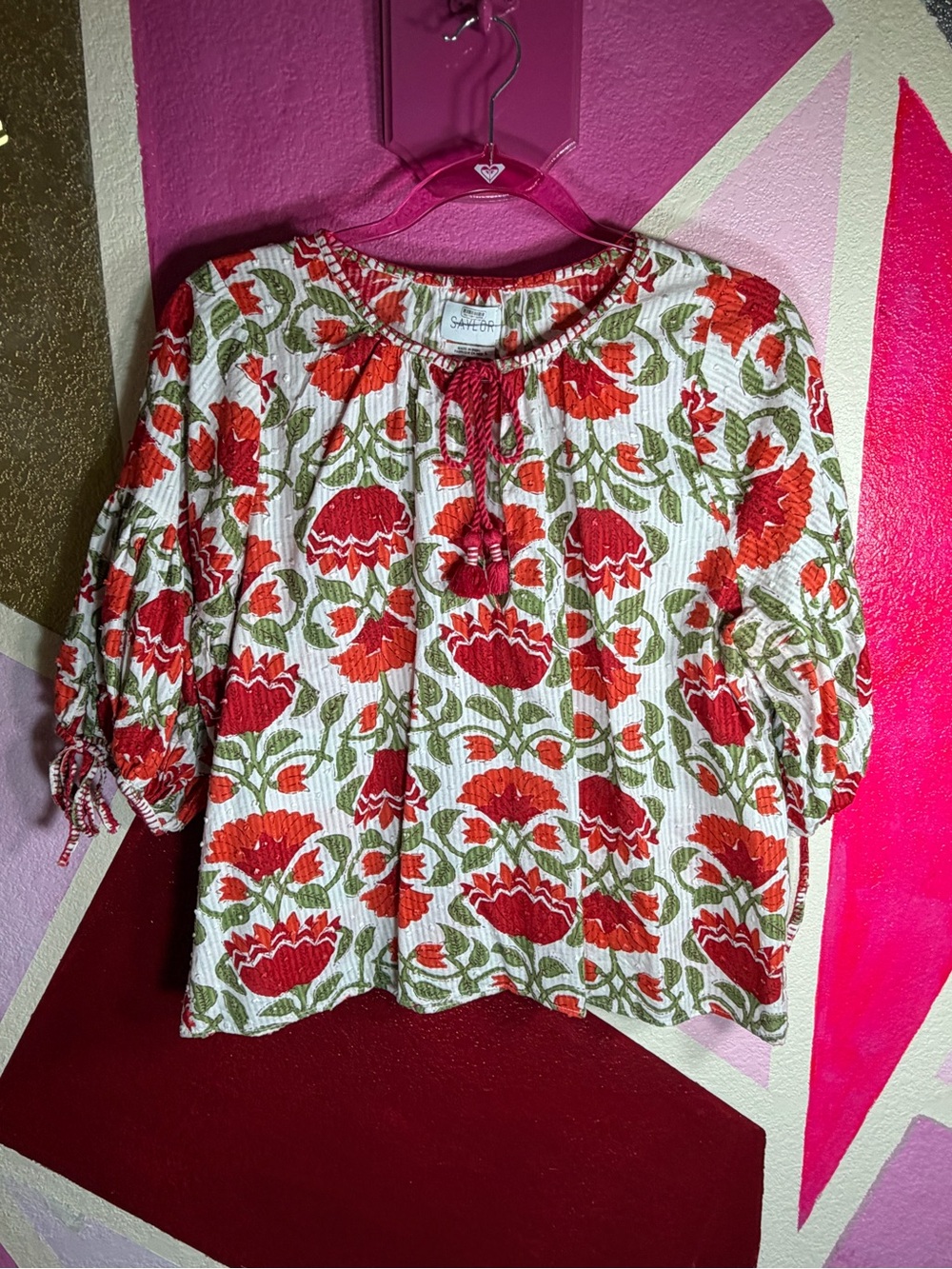 Saylor Red Floral Block Print Tie Neck Top Size Large